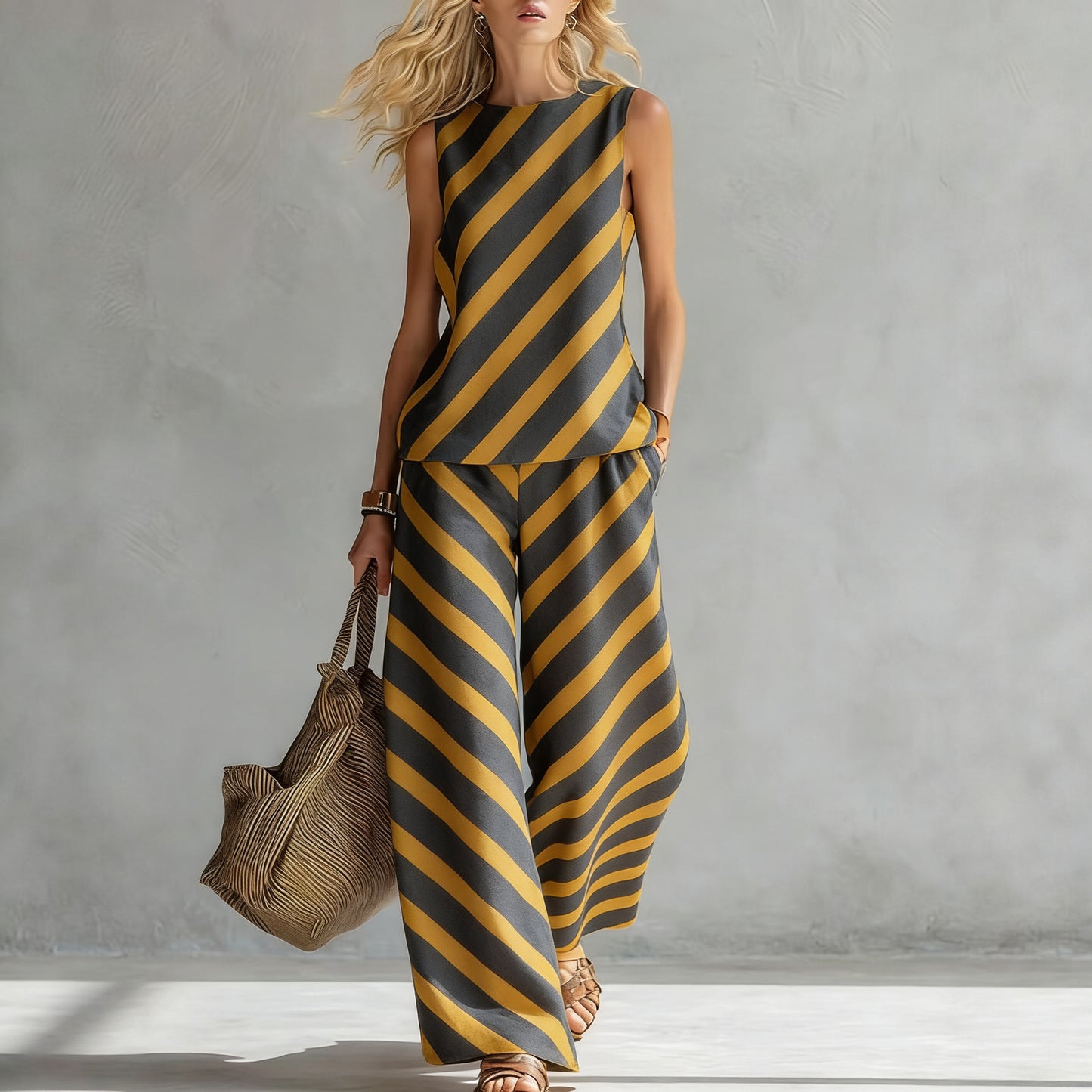 Women's Casual Sleeveless Printed Wide-Leg Pants Two-Piece Set