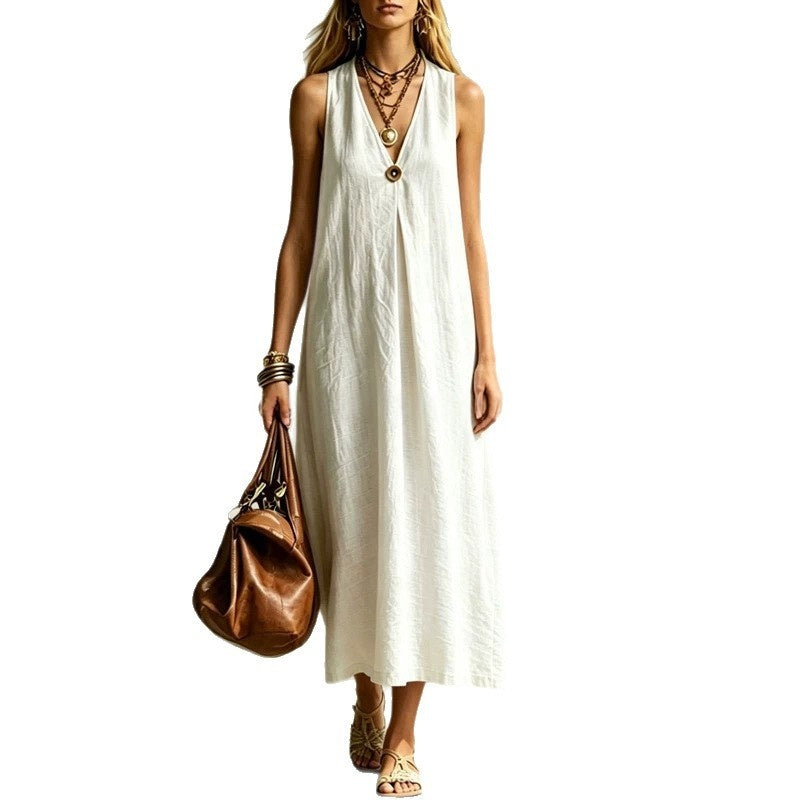 Cotton-Linen Loose V-Neck Single-Buckle Long Sleeveless Dress