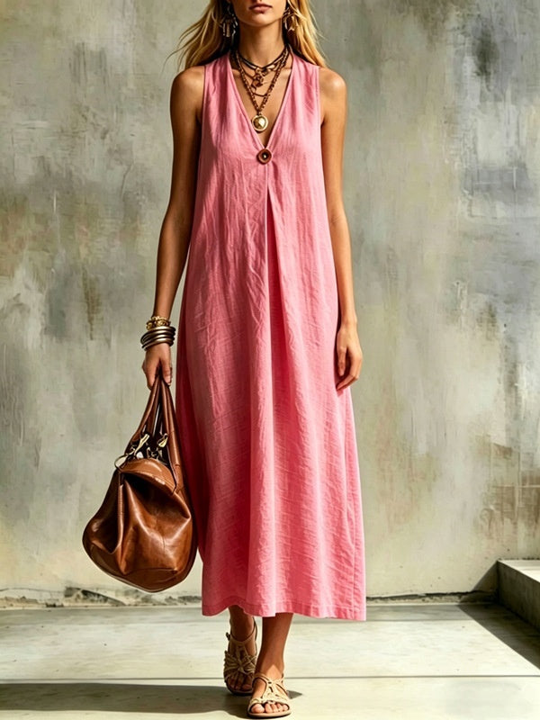 Cotton-Linen Loose V-Neck Single-Buckle Long Sleeveless Dress