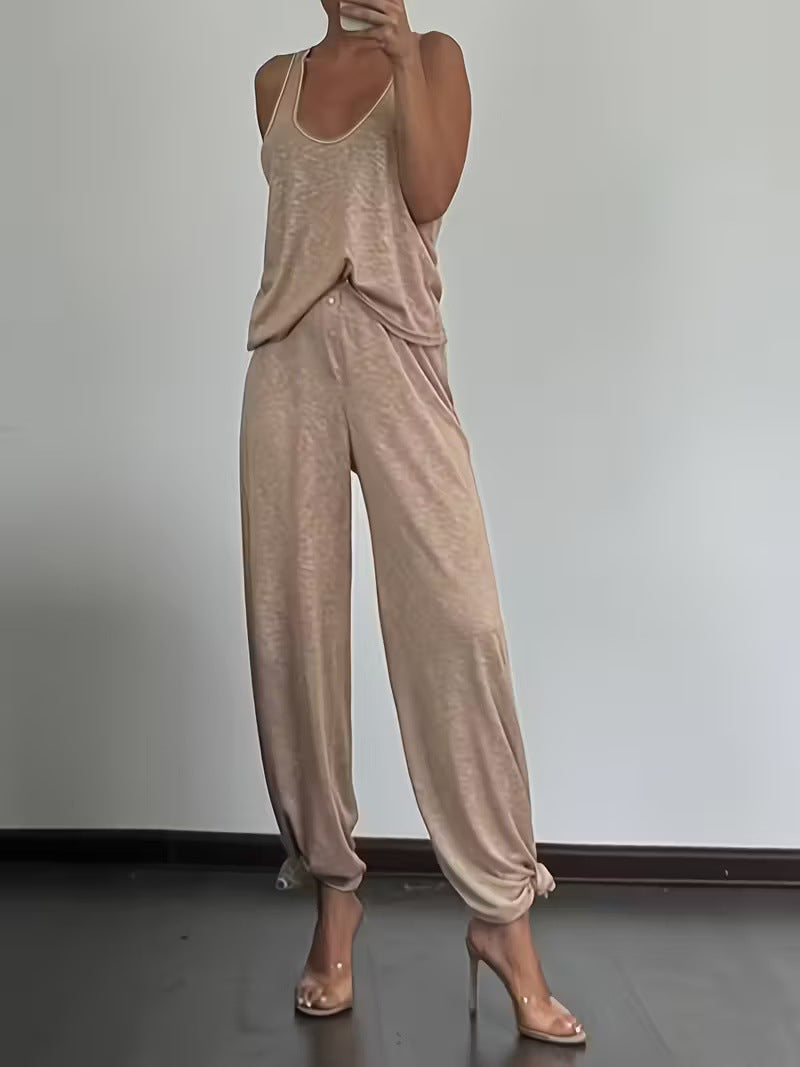 Womens Home Fitness Two-Piece Set Tank Top And Wide-Leg Pants