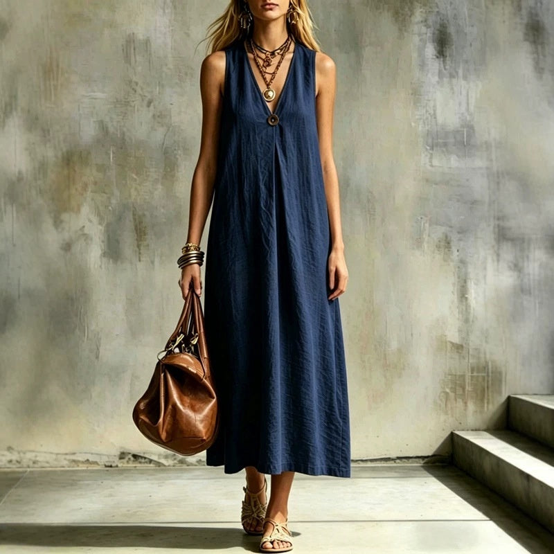 Cotton-Linen Loose V-Neck Single-Buckle Long Sleeveless Dress