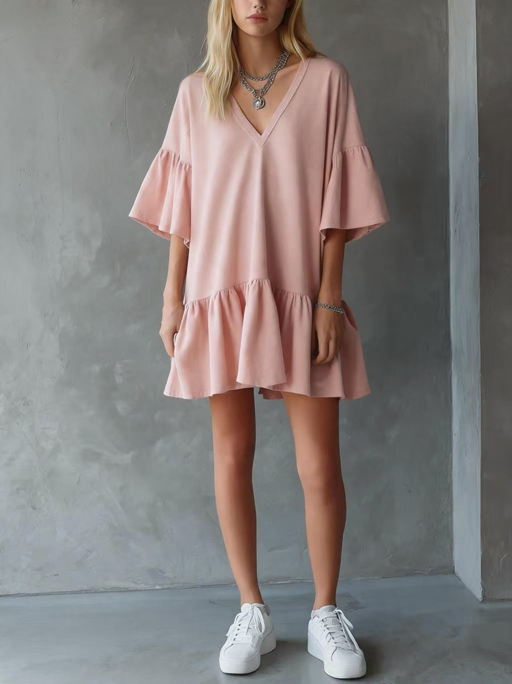 Womens Ruffled V-Neck Solid Color Loose Short Dress