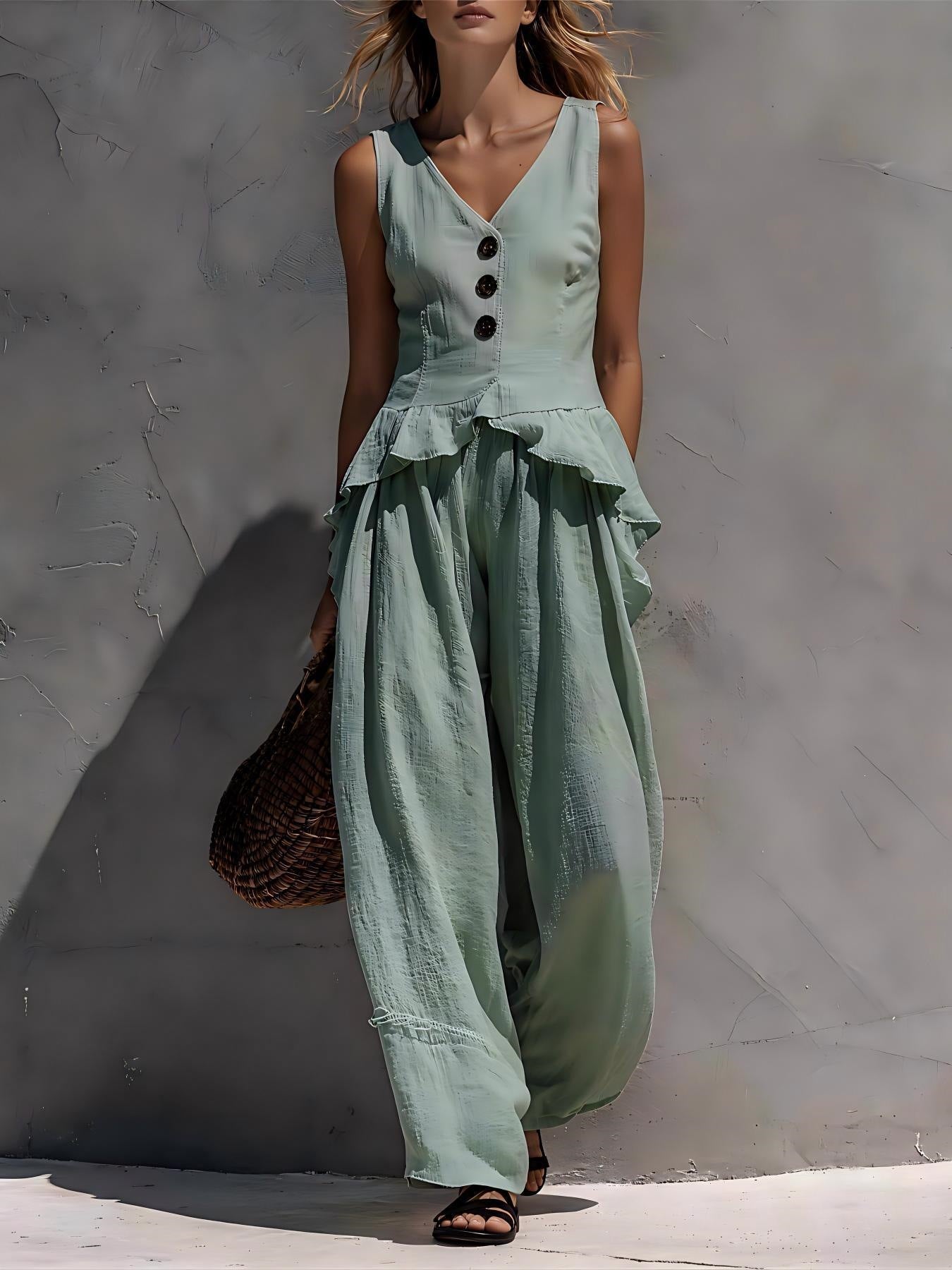 Sleeveless V-neck Ruffled Tank Top Draping Wide-leg Pants Two-piece Set
