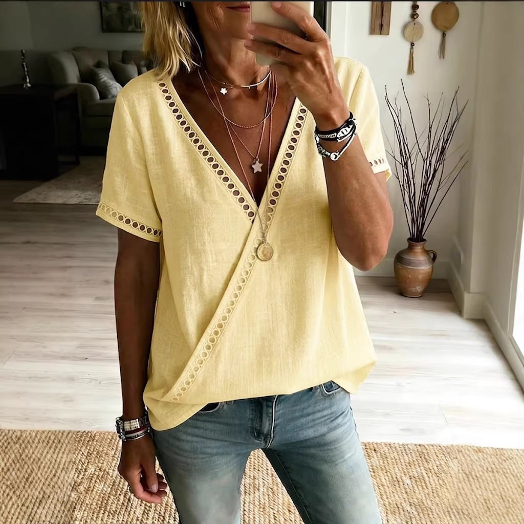 Casual Patchwork Hollow-Out Lace V-Neck Short-Sleeve Top