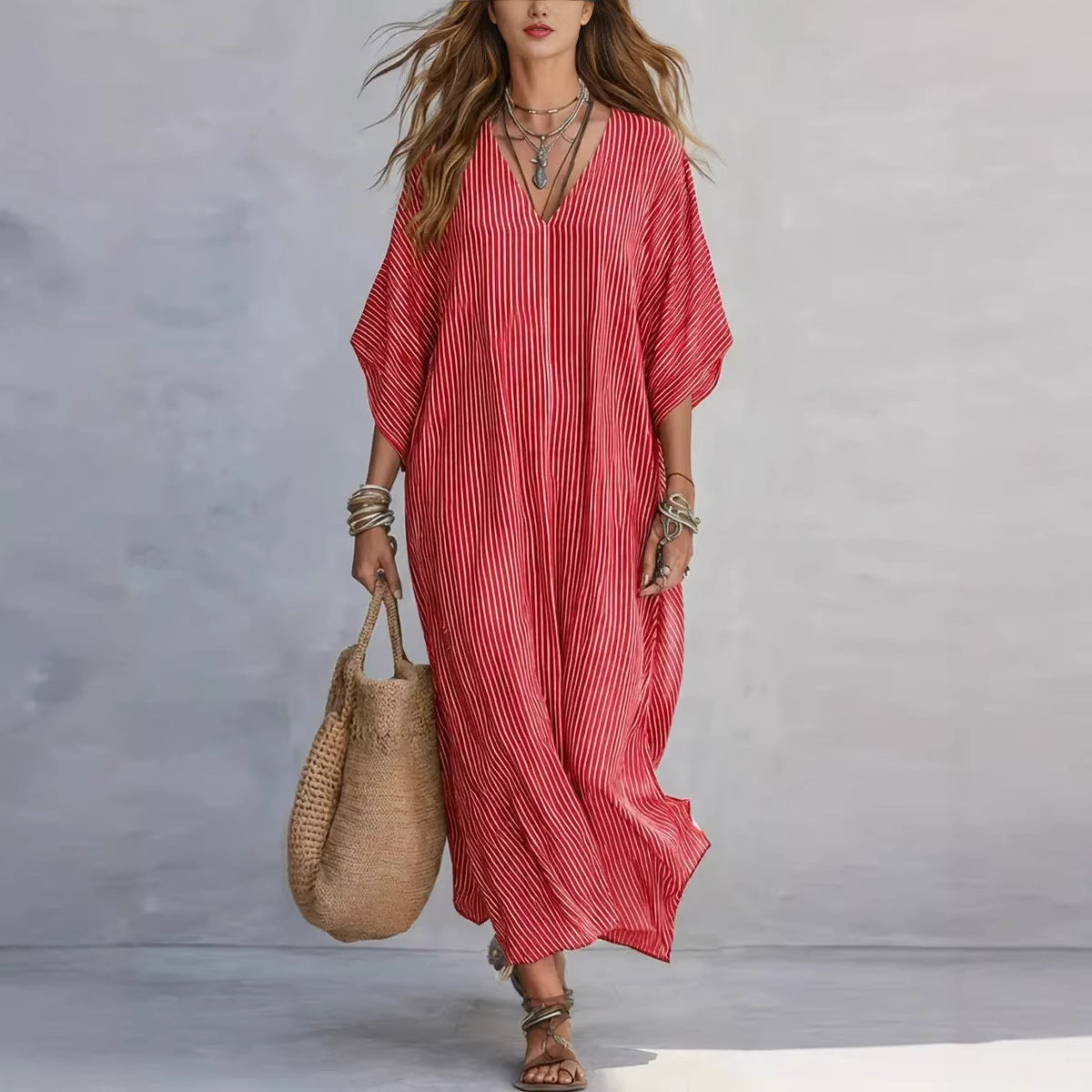 Loose-fitting Plus-size Resort Maxi Dress V-neck Shirt-style Striped Sundress