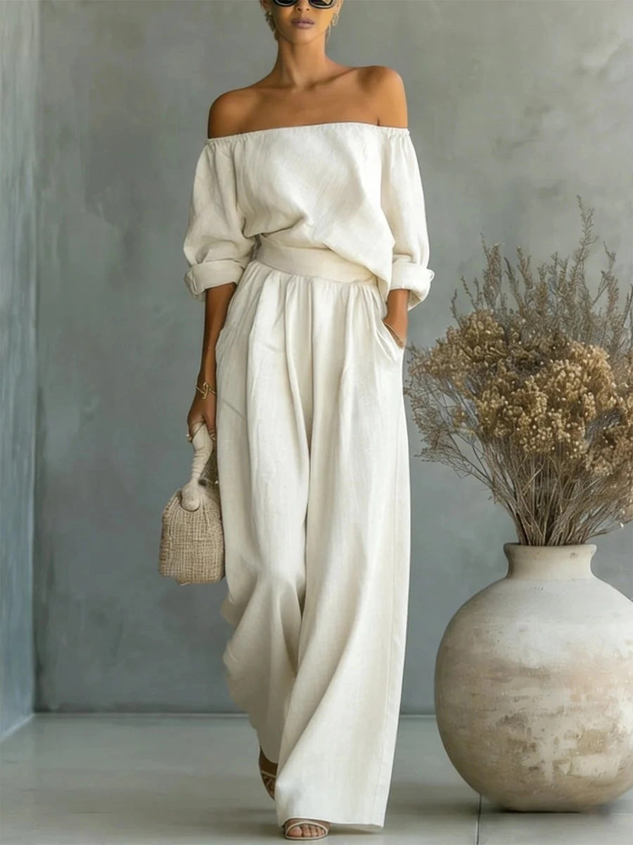 Casual Two-Piece Womens Outfit Off-Shoulder Top And Wide-Leg Pants Set
