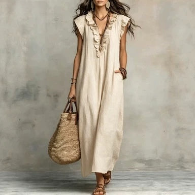 Bohemian Floor-length Dress With Flutter Sleeves