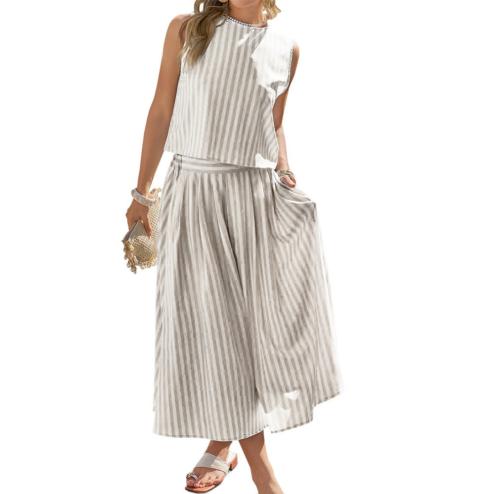 Womens Elegant Striped Vest And A-Line Skirt Two-Piece Set