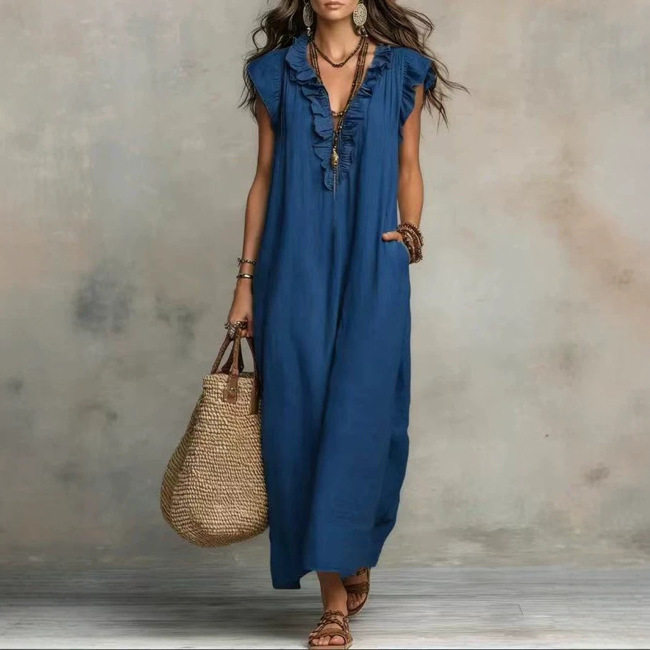 Bohemian Floor-length Dress With Flutter Sleeves