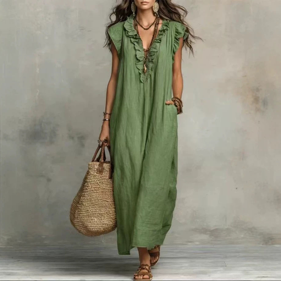 Bohemian Floor-length Dress With Flutter Sleeves