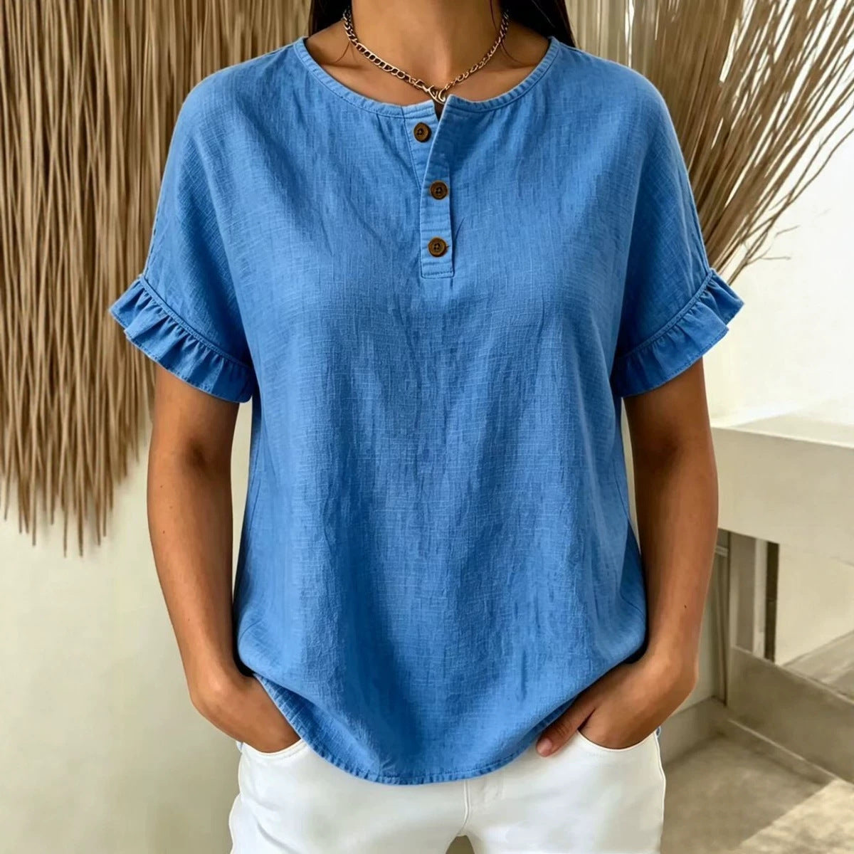 Womens Cotton-Linen Ruffle-Trimmed Button-Up Short-Sleeve Top