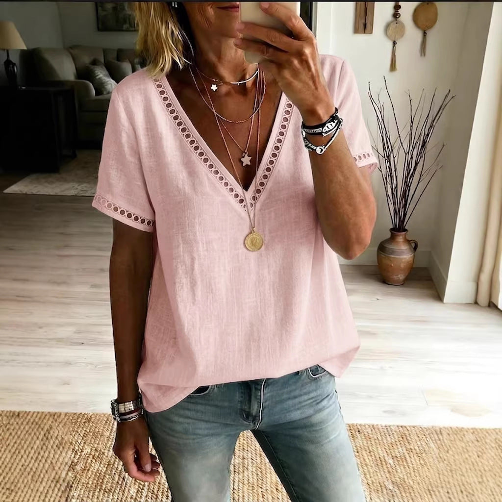 Women's Casual Patchwork Hollow-Out Lace V-Neck Short-Sleeve Top