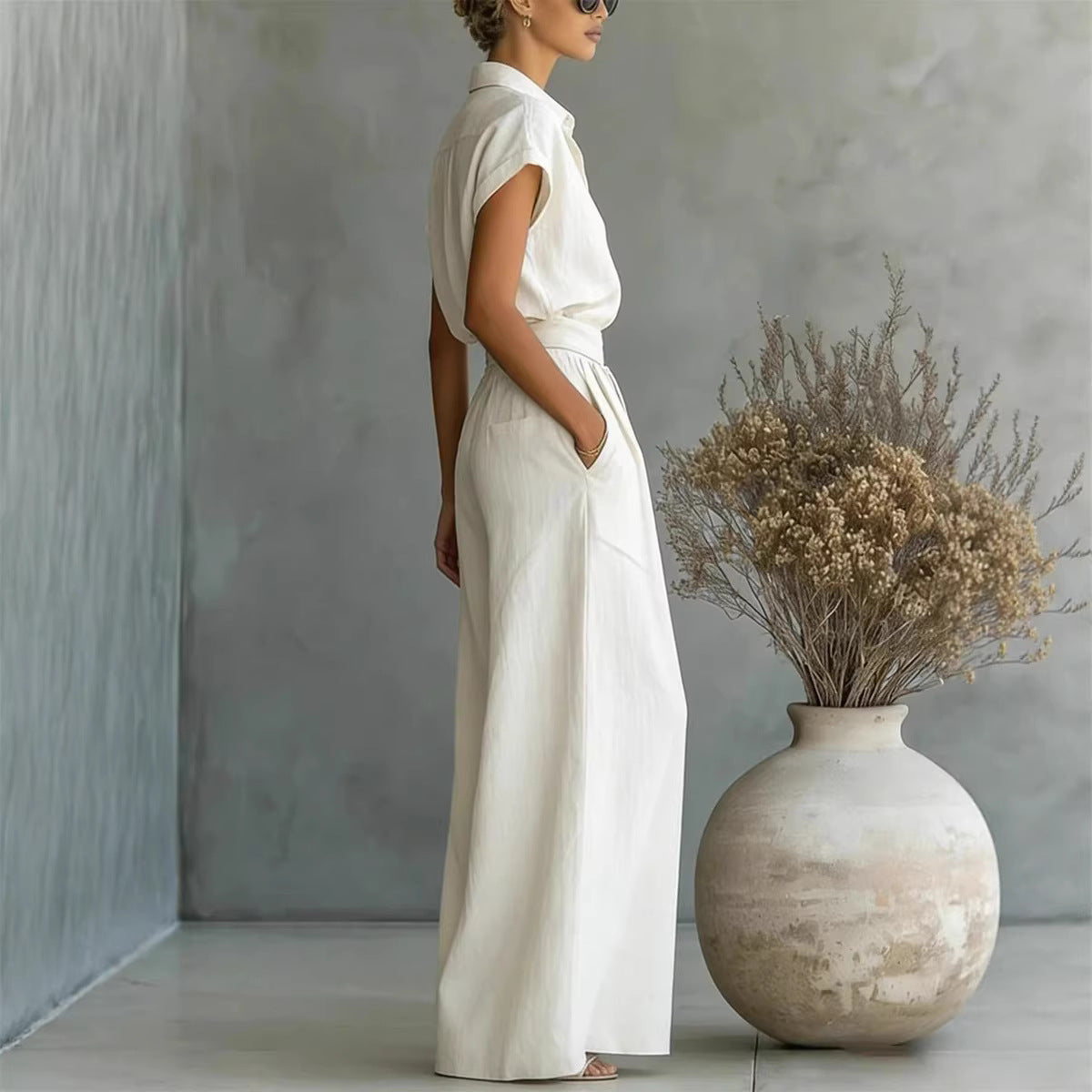 Fashionable Casual Solid-Colored Shirt And Wide-Leg Pants Two-Piece Set