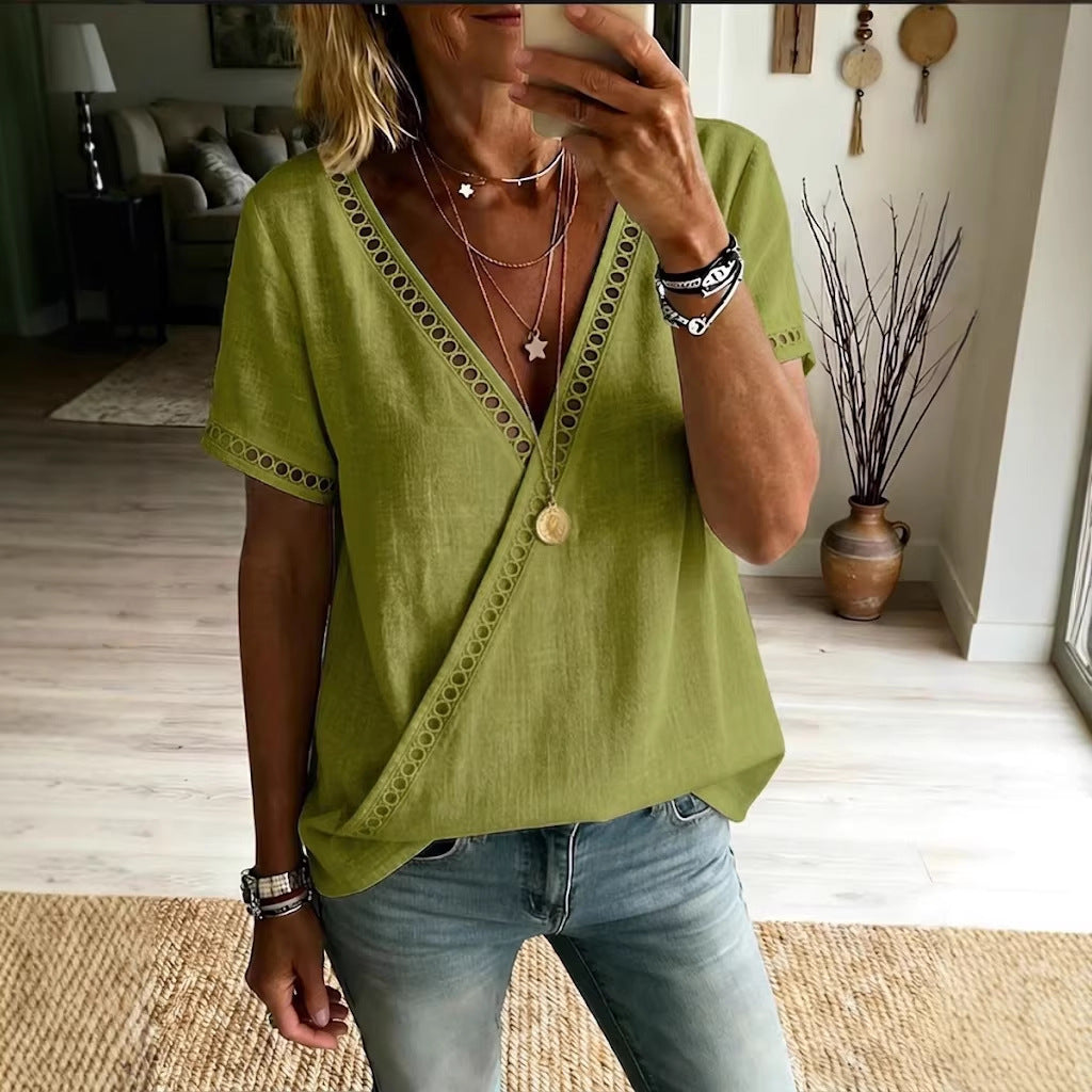 Casual Patchwork Hollow-Out Lace V-Neck Short-Sleeve Top
