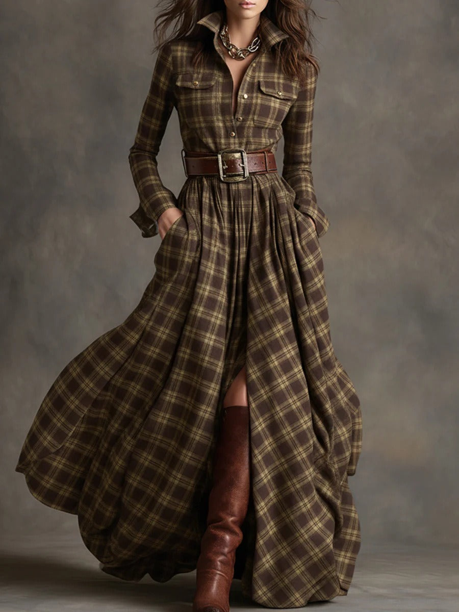 Ins Plaid Print Long-Sleeved Dress Fashion Pockets Collared Buttons Shirt Long Dresses Retro Women's Clothing