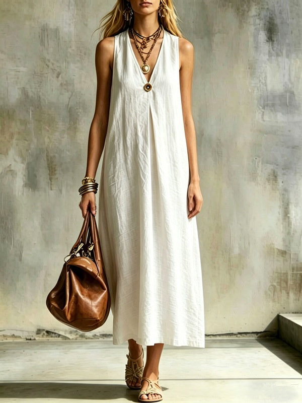 Cotton-Linen Loose V-Neck Single-Buckle Long Sleeveless Dress