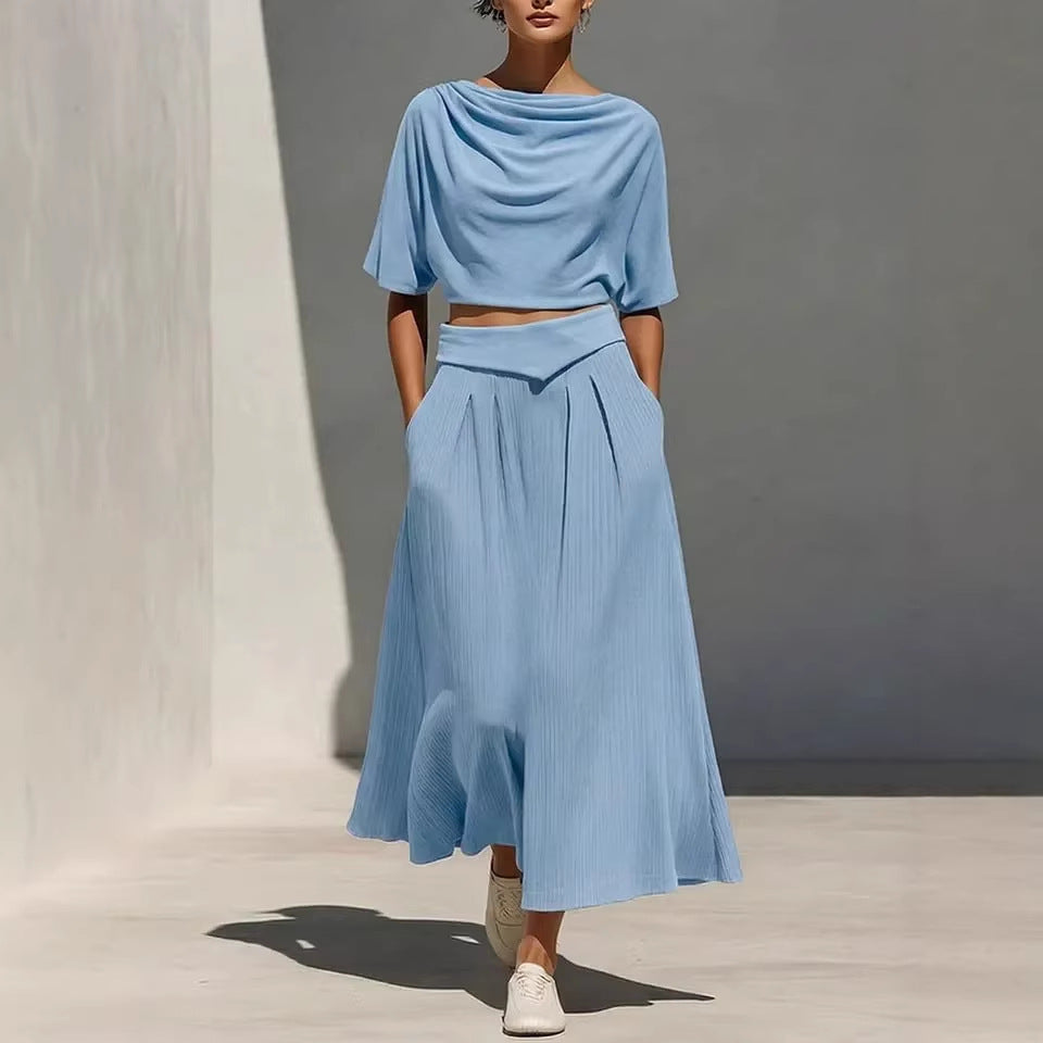 Womens Crew-Neck Short-Sleeve Casual Top And High-Waist Skirt Set