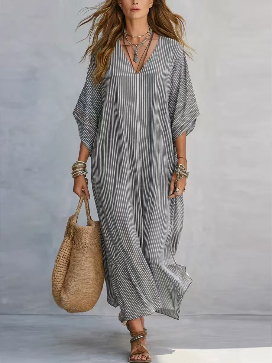 Loose-fitting Plus-size Resort Maxi Dress V-neck Shirt-style Striped Sundress